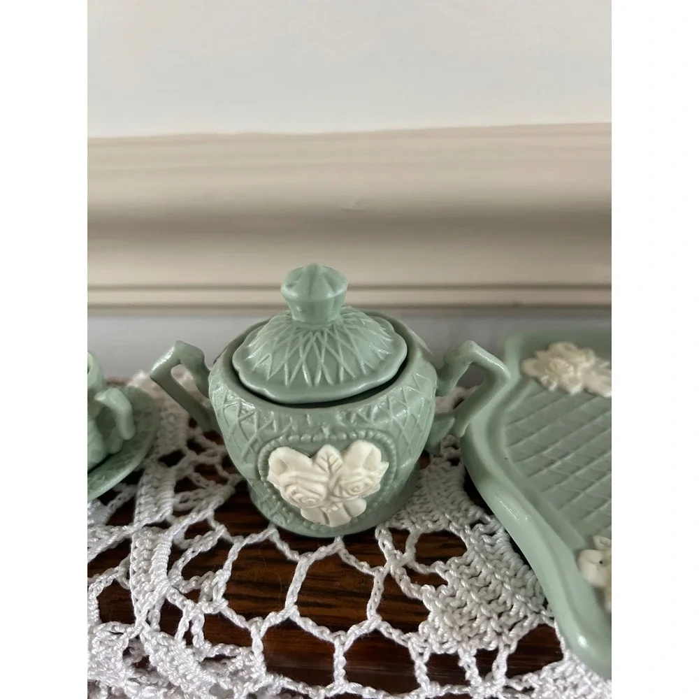 Miniature Sage Green Jasperware Style Tea Set Floral Bas-Relief 9pc Collection